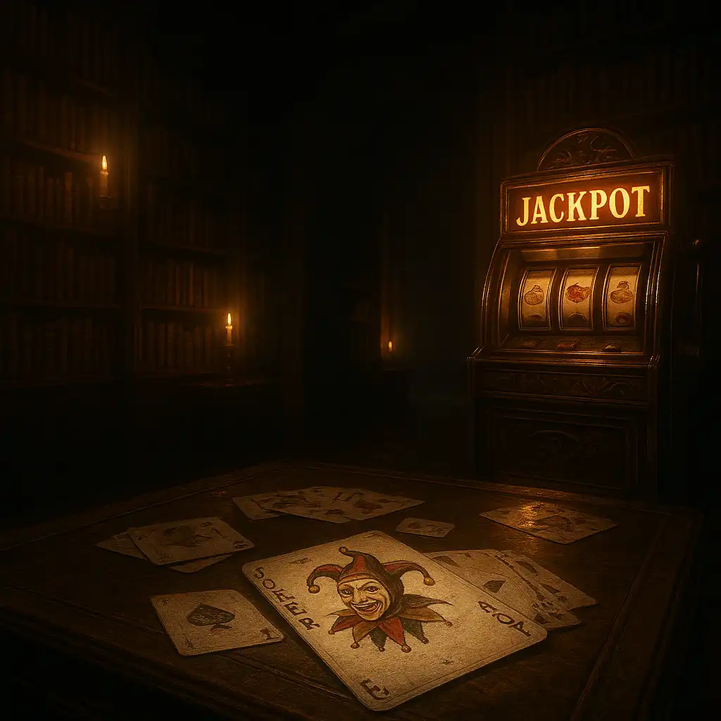 Mysterious casino library with bookshelves, joker cards and a glowing slot machine