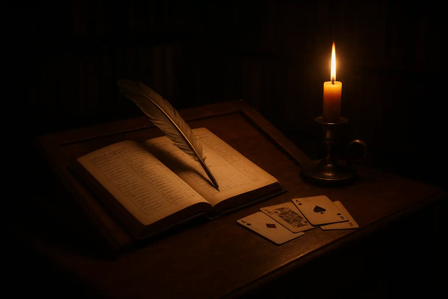 Candlelit reading desk with playing cards and a ledger inside the casino library