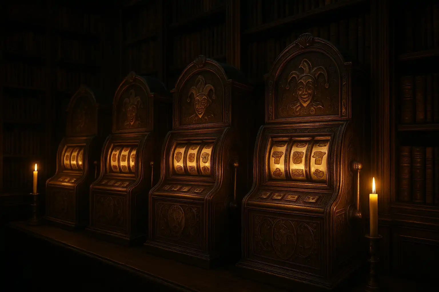 Row of candlelit slot cabinets between tall library bookshelves
