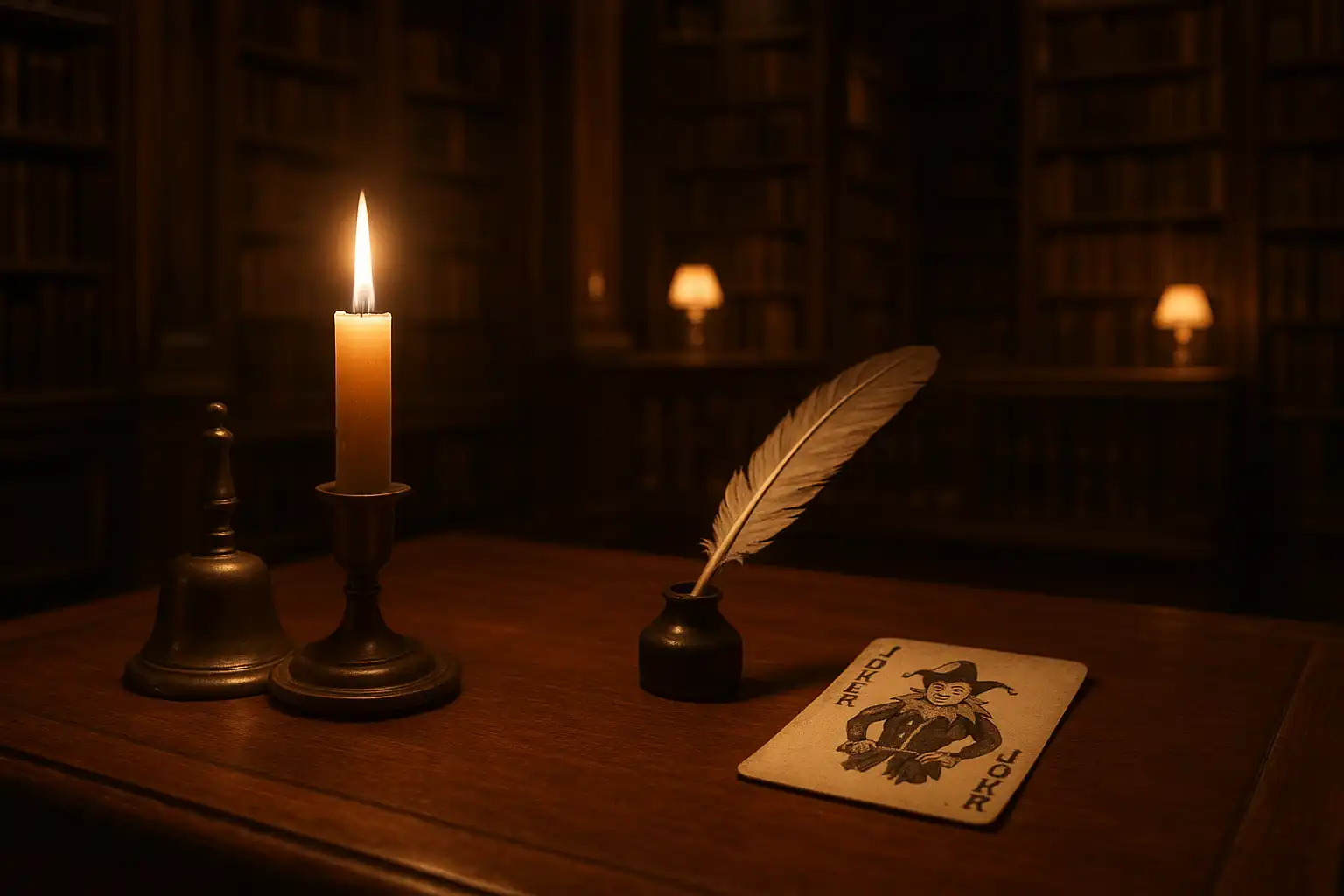 Librarian's help desk with a candle, quill and joker card inside the casino library